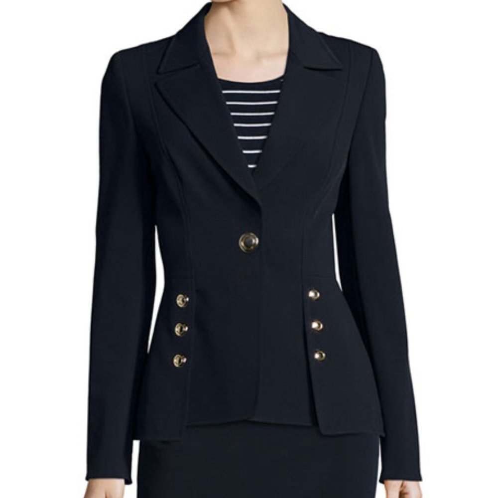 BRAND NEW WOMENS NAVY ESCADA BENINA ONE-BUTTON SCUBA PEPLUM JACKET SIZE 38 (US8)